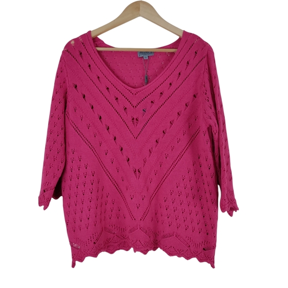 Joseph A. Crochet Fuchsia Pink Size M Pullover 3/4 Sleeve V-neck Sweater - Picture 1 of 11